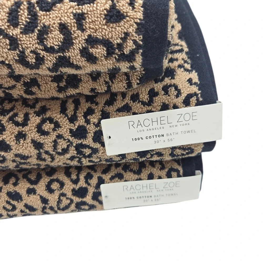 Rachel Zoe 4pc Leopard Cheetah Print Cotton Towel Set 2 Bath 2 Hand Black Tan